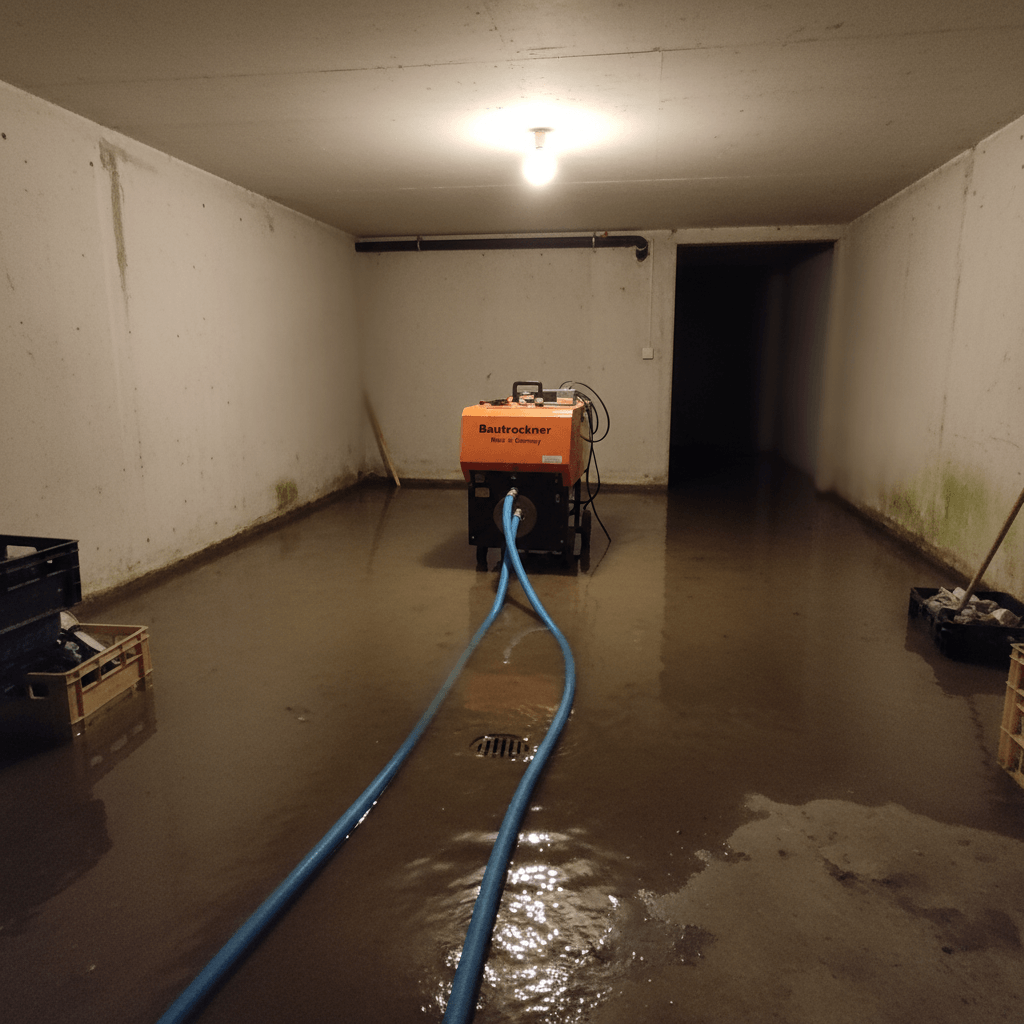 Kellerraum mit aufgestellten Trocknungsgeräten und aufgefangenen Wasserresten in einer Wanne