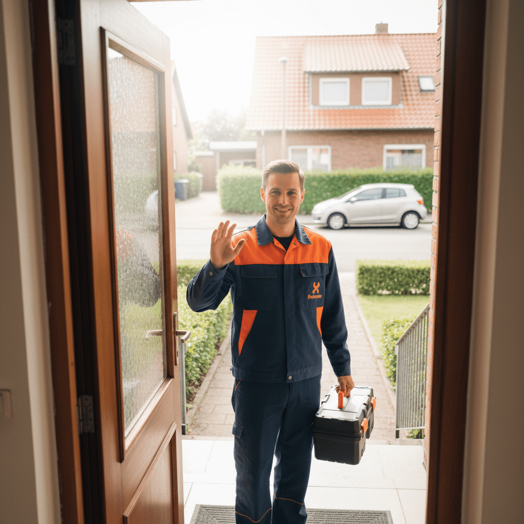 Freundlicher Techniker begrüßt Kunden an der Tür