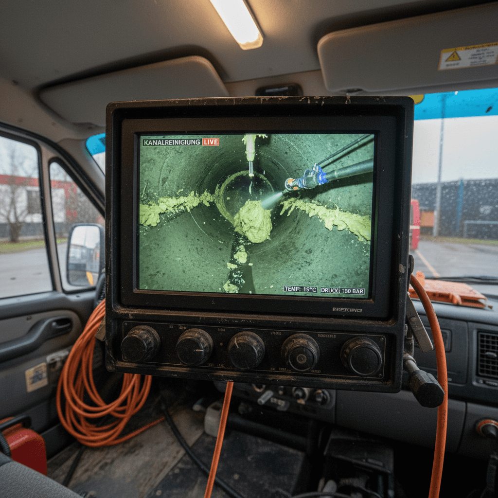 Techniker schaut auf einen Monitor im Servicewagen, während eine Rohrkamera durch eine Küchenabflussleitung fährt